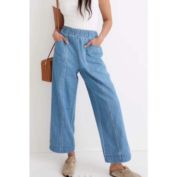Madewell Denim Pull-On High-Rise Wide-Leg Crop Pants, size M, elastic waist band - Picture 1 of 8